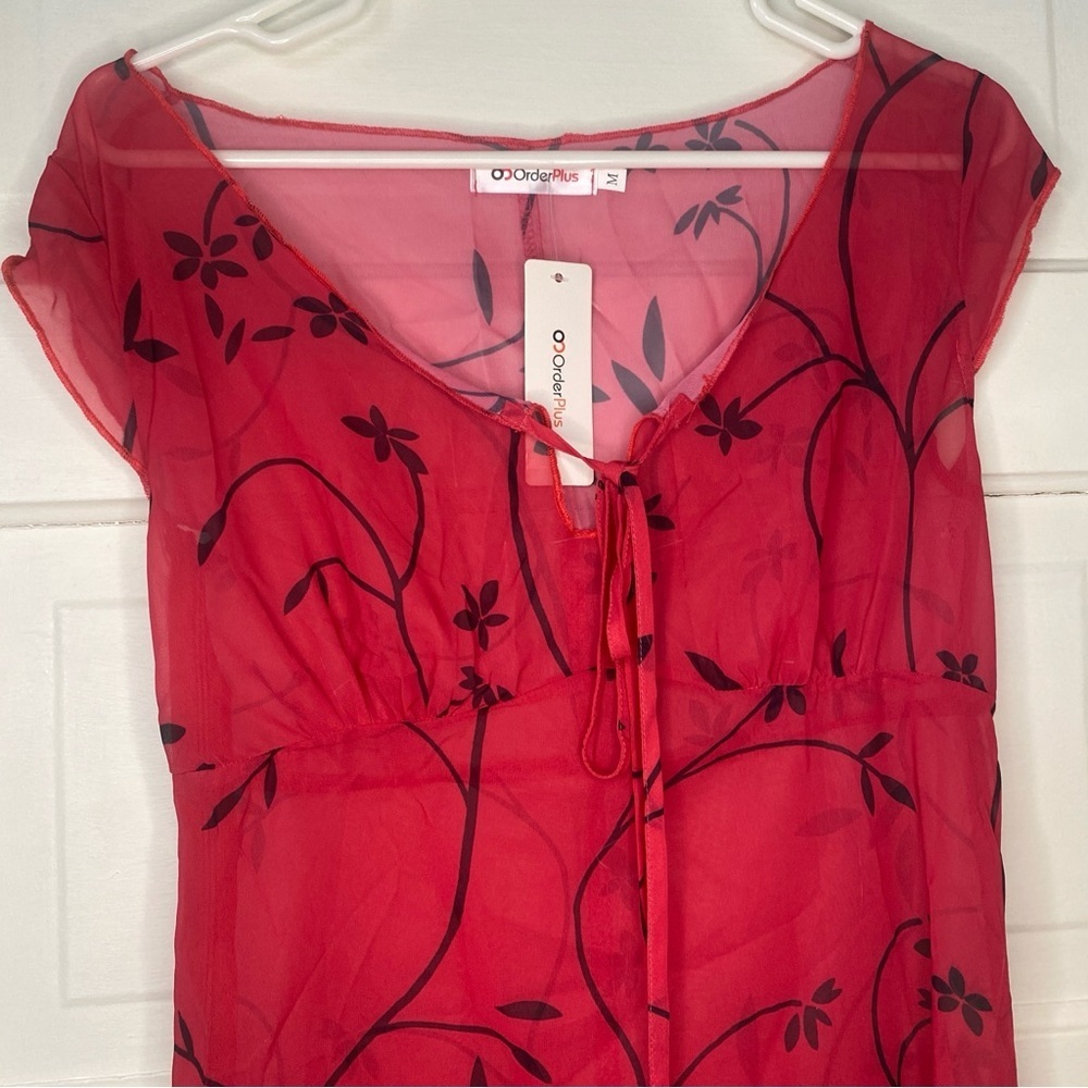 ORDER PLUS NWT Sheer Floral Bow Tie Red Women's Dress Size Medium - Picture 3 of 5